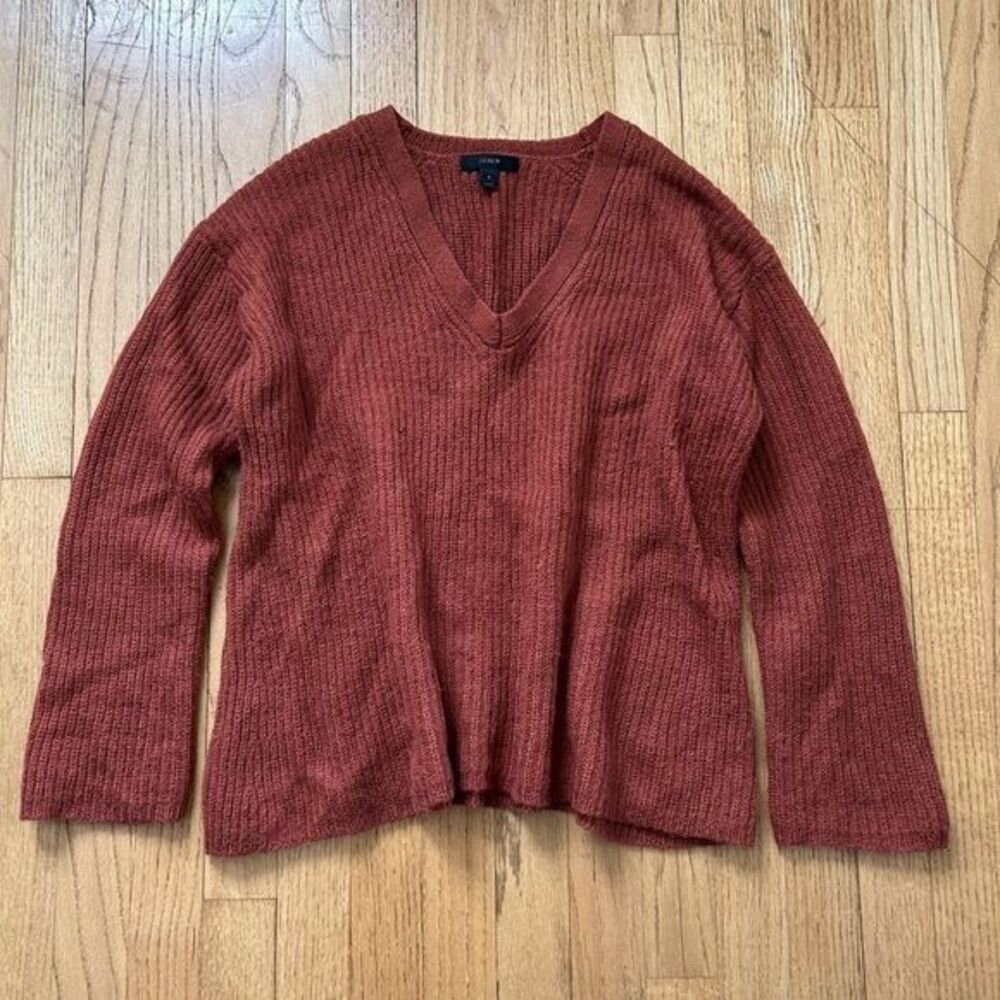 J. Crew V-Neck Sweater Womens Rust Orange Ribbed Alpaca Wool Blend Small